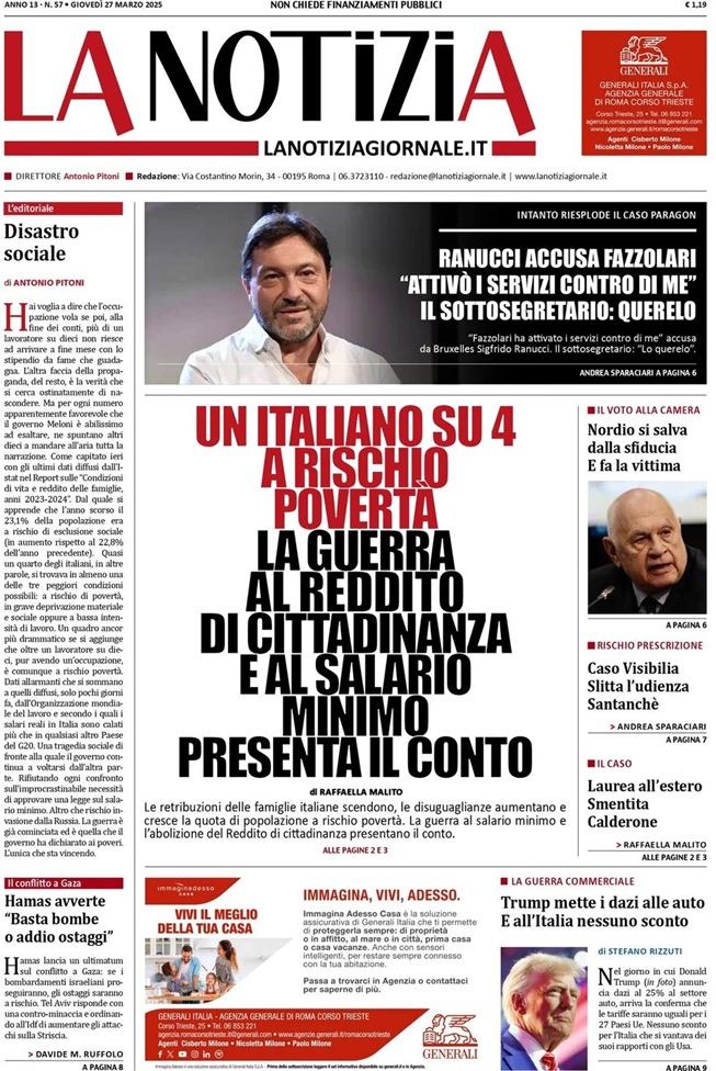 La Notizia - Prima Pagina di oggi, Giovedì 27/03/2025